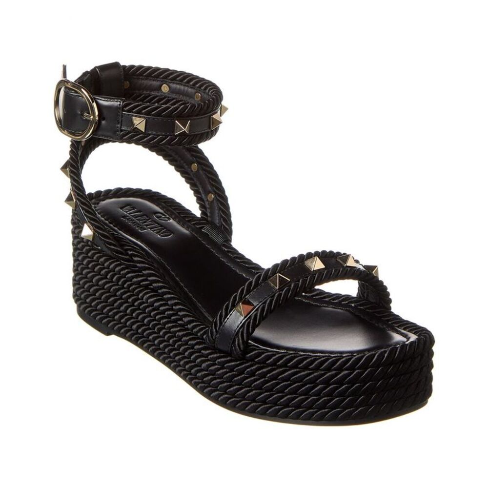 Valentino Rockstud 45 Rope & Leather Wedge Sandal, Black